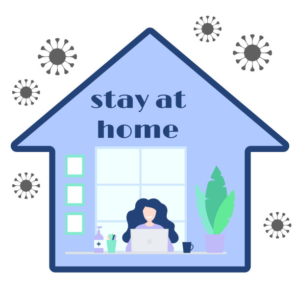 隔离期间居家办公的概念。在家里用笔记本电脑工作的快乐女人在外面用冠状病毒图标。女性自由职业角色，坐在窗边。呆在家里图片下载
