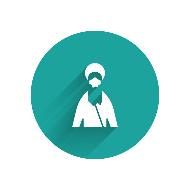 白色的耶稣基督像孤立着长长的影子。绿色圆圈按钮。矢量图图片下载