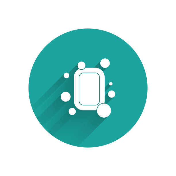 肥皂图标的白色条与长影子隔离。带泡泡的肥皂。绿色圆圈按钮。矢量图图片下载