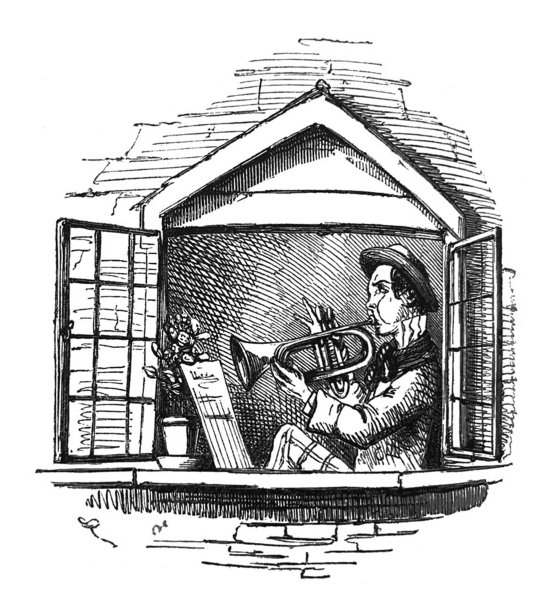 英国讽刺漫画漫画插图-在一扇开着的窗户里吹小号的人图片下载