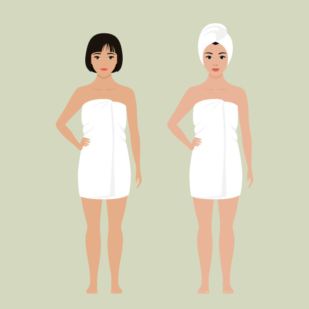 两个欧洲女人在淋浴后裹着一条白毛巾，光着脚站在那里。矢量股票平面插图图片下载