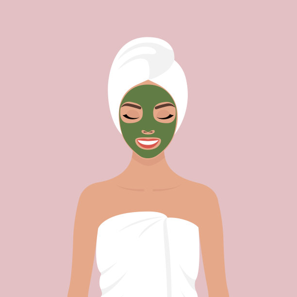 一个小女孩裹着一条毛巾，头上戴着一条毛巾，脸上戴着一个绿色的化妆面具。矢量股票平面插图图片下载