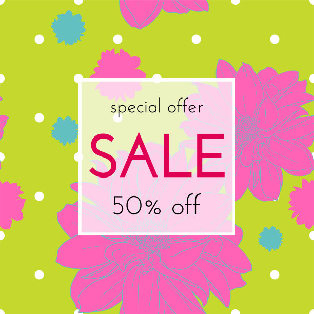 销售花卉。植物开花，枝用花墨写生。时尚印花横幅，购物，折扣，邀请，社交媒体图片下载