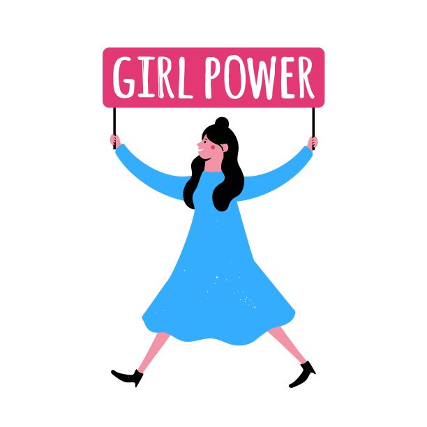 矢量插图与微笑的年轻女子和字母短语女孩的力量。图片下载