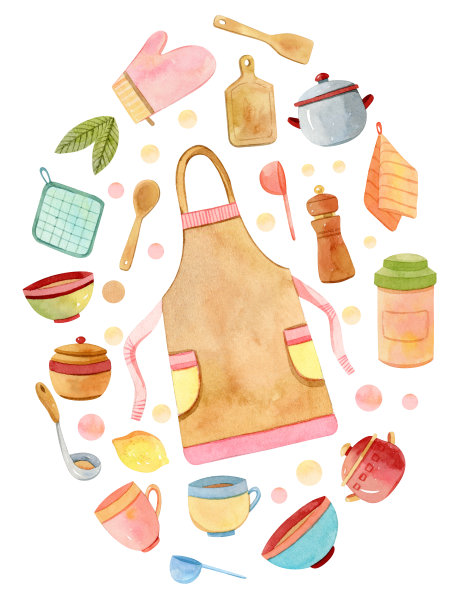 水彩围裙，厨房用具组成-孤立白色图片下载