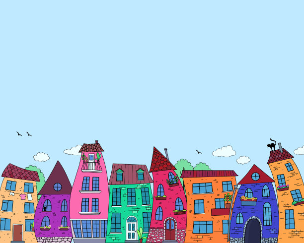 水平框架:街道上有明亮的装饰房屋。图片下载