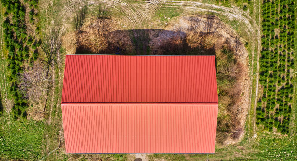 一个谷仓的垂直鸟瞰图与一个红色屋顶旁边的树木种植园图片下载