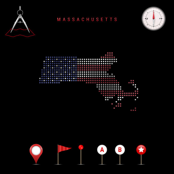 用美国国旗颜色绘制的麻萨诸塞州矢量图。挥舞着国旗的效果。地图工具图标集图片下载