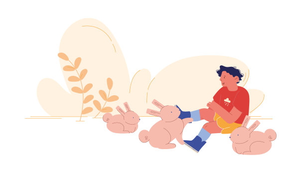 快乐男孩角色在农场动物园和可爱的小兔子玩。照顾动物，游览牧场或乡村农家庭院，夏季业余时间，休闲。孩子爱抚动物。卡通矢量图图片下载