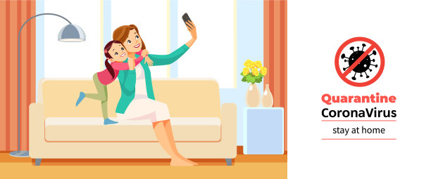 2019冠状病毒病，检疫动机海报。美丽的女学生和她的妈妈在冠状病毒危机期间在家拥抱自拍。待在家报价卡通矢量插图。素材图片