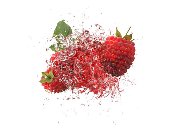 爆炸覆盆子多汁的液体与覆盆子水果在粉红色的背景。3 d渲染。图片下载