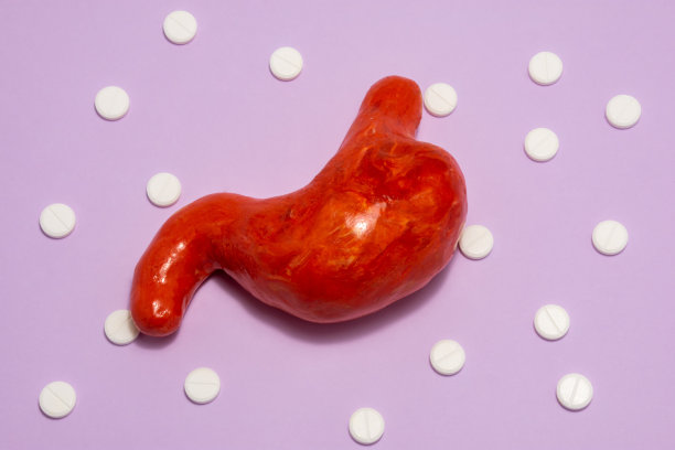 胃的解剖图形，活体器官的相同形状，是在紫色的背景下被白色的丸子包围，成分波尔卡圆点点缀。用于胃肠病学的照片，概念治疗图片下载