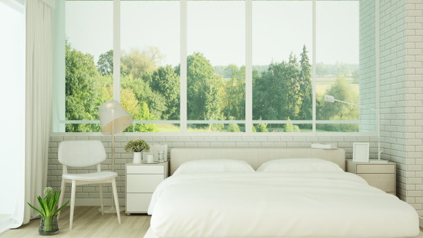 卧室和起居区自然景观-森林背景的房屋或公寓卧室-室内简约设计-3D效果图图片下载