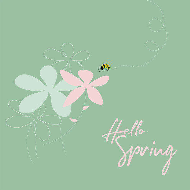 春天的问候卡片上有一只蜜蜂在柔软的绿色背景上访问田野的花朵。图片下载