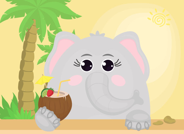 海报，传单，画册封面，横幅，卡通风格的背景与大象拿着鸡尾酒图片下载