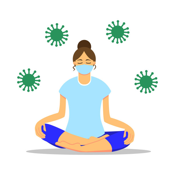 在家工作的概念。年轻女孩戴着面具做瑜伽。2019冠状病毒(COVID-19)流行期间的社交距离。平坦的卡通。亚洲妇女坐在地板上莲花的位置。健康的生活方式图片下载