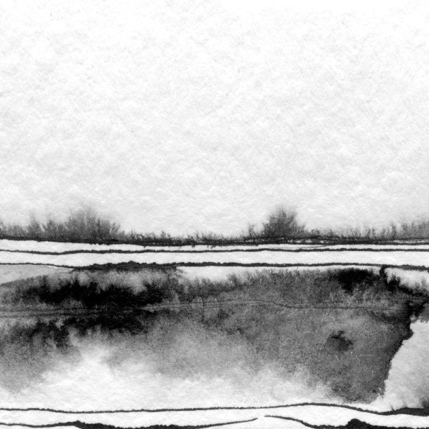 抽象山水水墨手绘插画。黑白墨冬山水配江水。简约的手绘图片下载