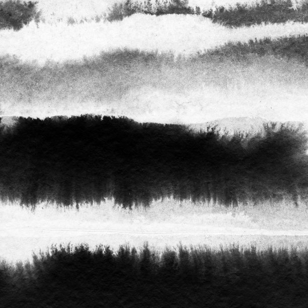 抽象山水水墨手绘插画。黑白墨冬山水配江水。简约的手绘图片下载