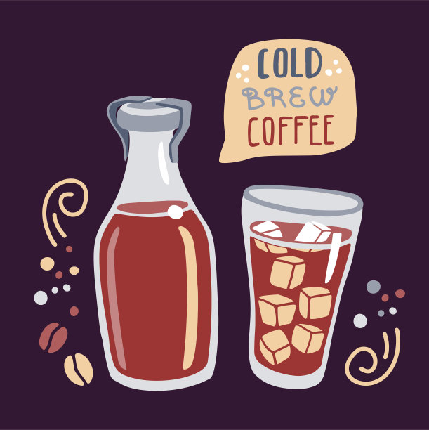 矢量插图冷煮咖啡与一个冲泡的瓶子和一杯冰咖啡与冰块。图片下载