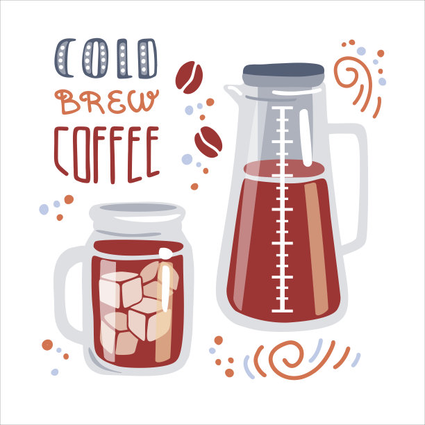 时尚的平面插图冷煮咖啡。一杯冰饮料和过滤咖啡机。图片下载