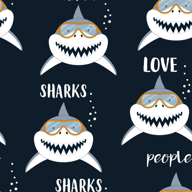 无缝图案与鲨鱼隔离上黑，海洋动物，鲨鱼爱人图片下载