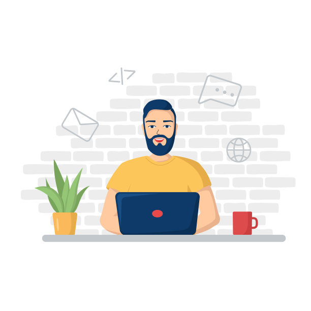 一个微笑的年轻人正坐在笔记本电脑前。在互联网，电子邮件，信息图标。在家远程工作。矢量插图的自由编码程序员图片下载