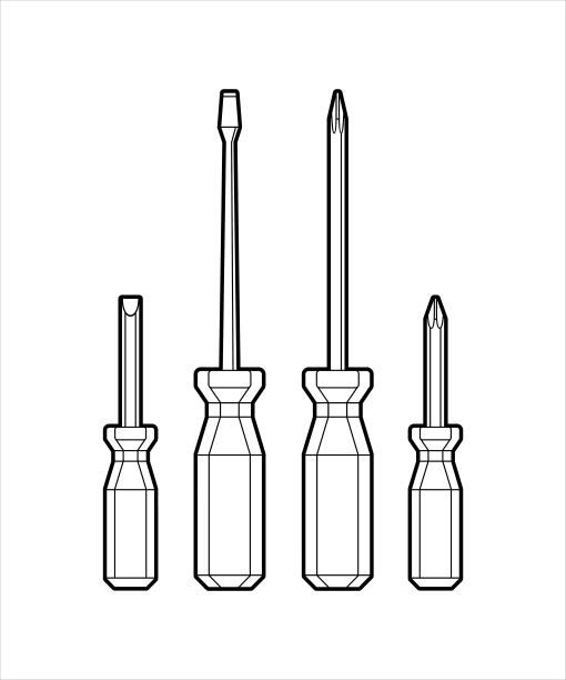 螺丝刀设置平面插图孤立在白色背景。手动螺丝工具。和维修工作。男人工作的设备。家庭修理工具-儿童涂色书图片下载