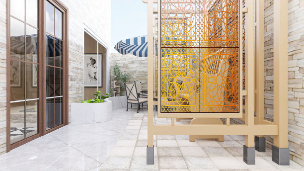 露天庭院的3D渲染、亭子、沙滩椅、绿色植物等图片下载