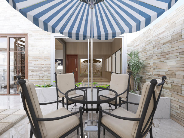 露天庭院的3D渲染、亭子、沙滩椅、绿色植物等图片下载