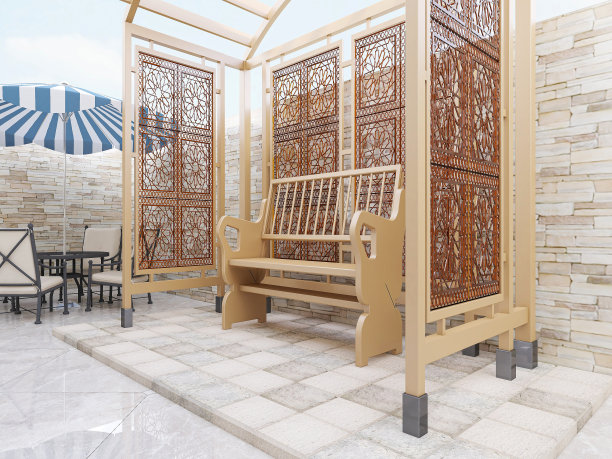 露天庭院的3D渲染、亭子、沙滩椅、绿色植物等图片下载