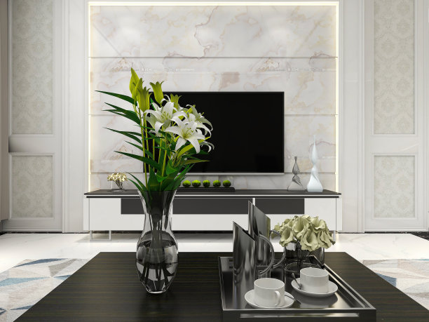 3D效果图，简约现代的客厅沙发配茶几，桌子上有绿色植物。图片下载