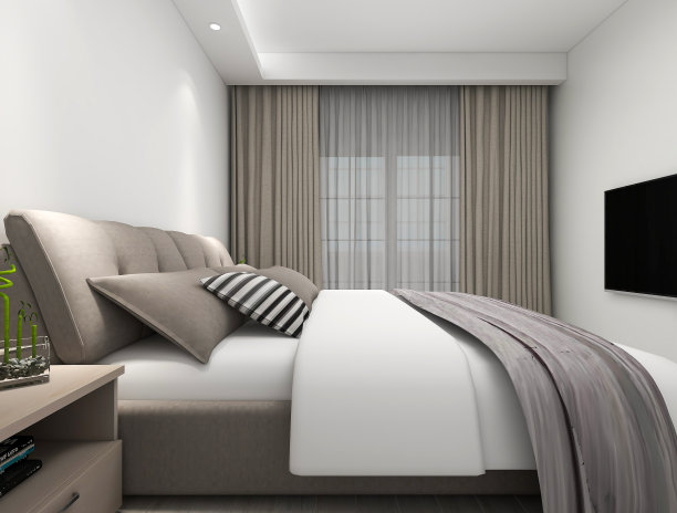 3D渲染，优雅现代的卧室设计，大床配上大衣柜、茶几、电视、地毯等，非常舒适休闲。图片下载