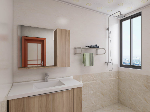 3D效果图，优雅宽敞的现代公寓卧室设计，大床旁边的大衣柜，配有梳妆台和绿色植物图片下载