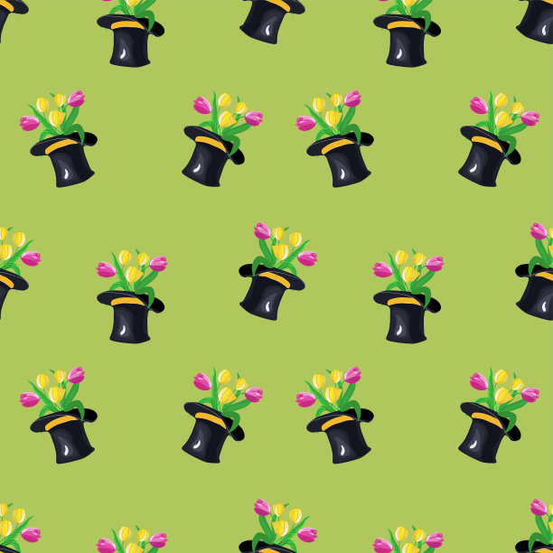 矢量无缝模式与一束郁金香站在一个烟囱帽图片下载