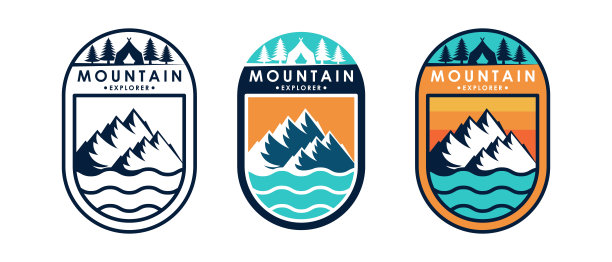 一套山标志矢量插图。山徽设计矢量模板设计。新潮的山标志设计矢量插图模板户外冒险。图片下载