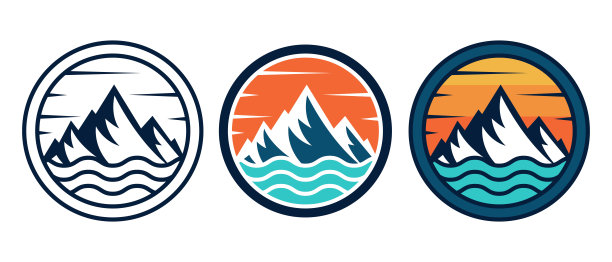 一套山标志矢量插图。山徽设计矢量模板设计。新潮的山标志设计矢量插图模板户外冒险。图片下载