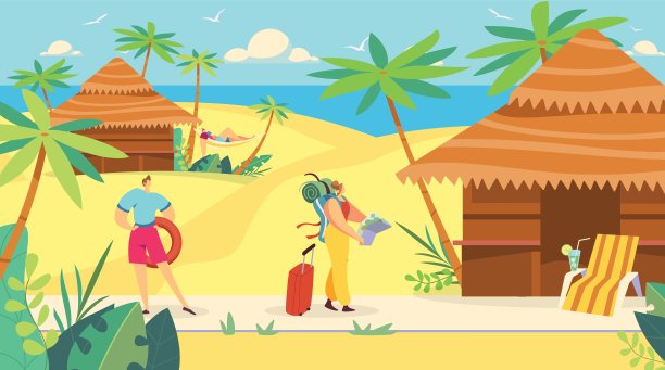女游客到海边度假胜地，暑假旅行，人们矢量插图图片下载