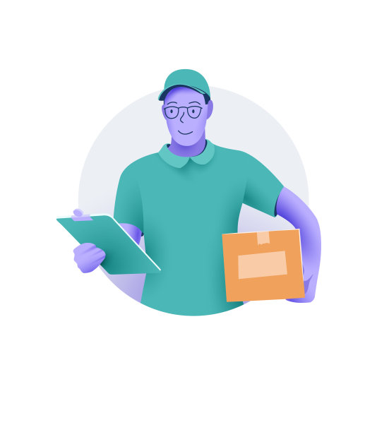 配送服务插画：微笑的快递员身穿绿色衬衫，手 holding 箱子矢量图图片下载