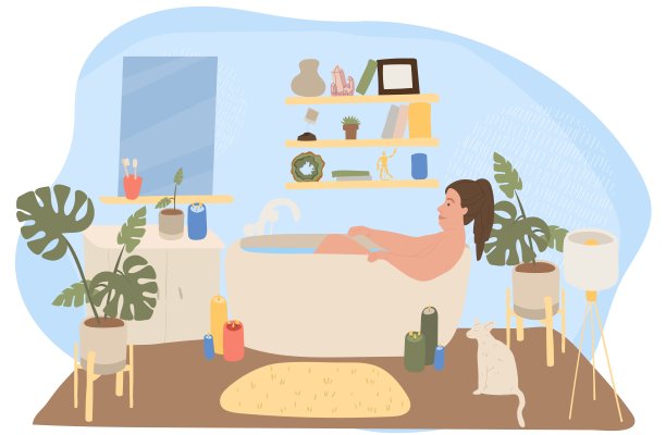 女人在轻松的氛围中沐浴在家，人向量插画图片下载