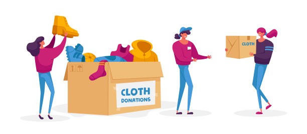 捐赠和慈善理念。男性和女性角色为出现在复杂生活情境中的穷人带来不同衣服的盒子，社会利他主义。卡通矢量图图片下载