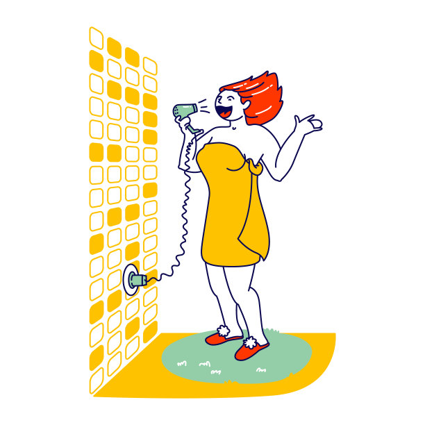 女主人公裹着毛巾在浴室里吹风机里唱歌。有趣的女孩在淋浴后与范表演。女歌手训练在洗澡愚弄和放松。线性向量插图图片下载