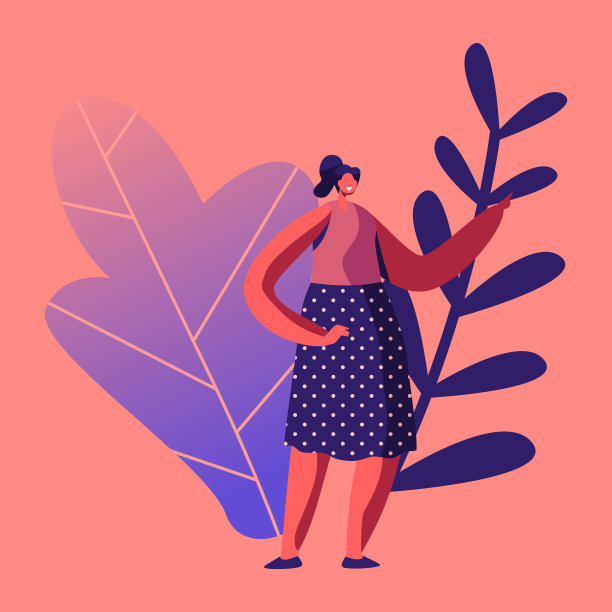 微笑的年轻女性角色穿着波尔卡点裙摆着食指和手势。教师，商人，家庭主妇，美丽的女士介绍。卡通矢量图图片下载