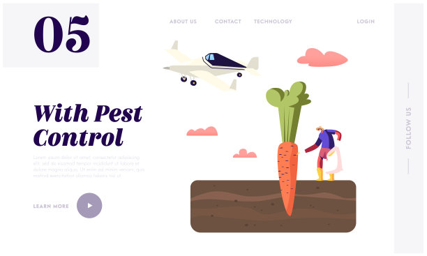 农业企业生态污染登陆页面模板。农民用巨大的胡萝卜向土壤中倾倒有毒肥料。飞机喷洒杀虫剂或杀虫剂。卡通矢量图图片下载