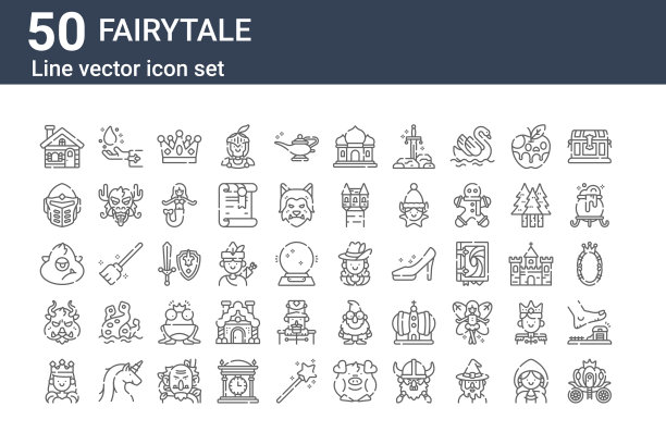 一套50个童话图标。勾勒出细线图标，如南瓜马车，女王，牛头怪，独眼巨人，头盔，魔法，火枪手图片下载