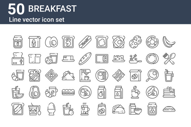 一套50个早餐图标。勾勒出细线图标，如馅饼，吐司，西瓜，牛奶，烤面包机，麦片，鸡蛋图片下载