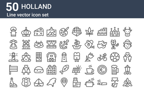 一套50个荷兰图标。勾勒细线图标，如风车，酒，旗帜，灯塔，衣服，皇冠，奶油图片下载