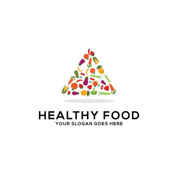 健康食品标识设计矢量，新鲜果蔬画三角形抽象插图图片下载