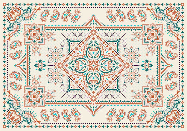 矩形头巾印花矢量设计地毯，地毯，披肩，毛巾，纺织品，瑜伽垫。颈围巾或头巾图案设计。传统的民族装饰图案与佩斯利和花卉图片下载