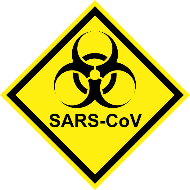 带有生物危害标志的黄色危险标志和sars冠状病毒文字图片下载