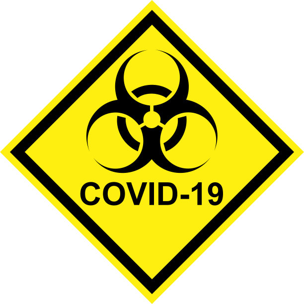 带有生物危害标志和COVID-19文字的黄色危险标志图片下载
